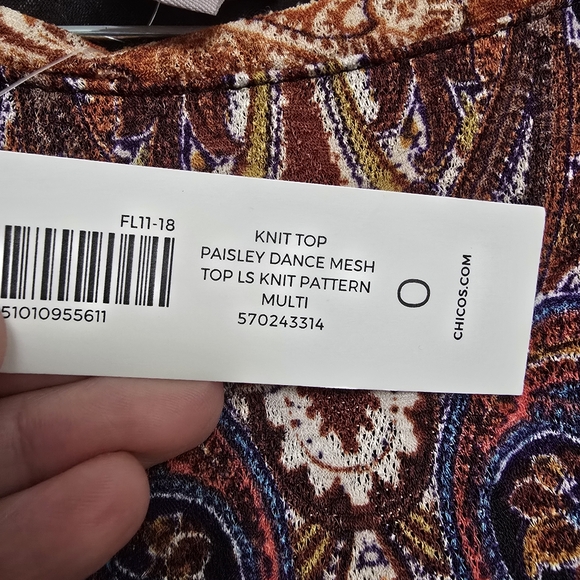 Chico's Long Sleeve Boat Neckline Paisley Mesh Top Multi-Colored - Picture 4 of 5